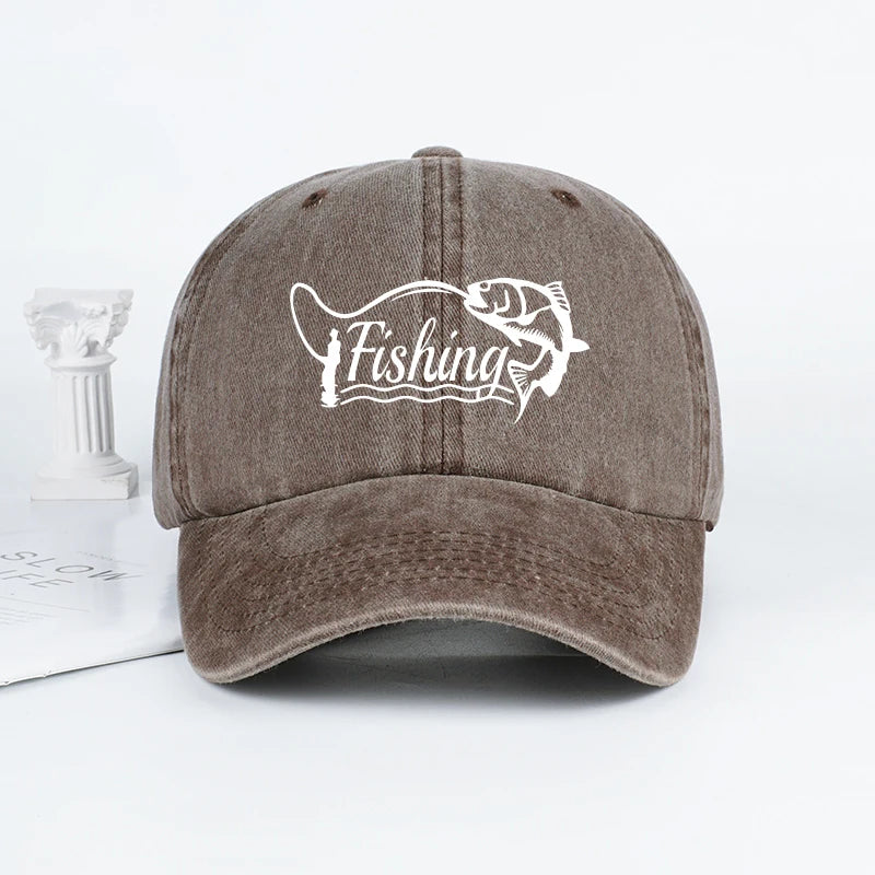 Classic Fishing Quote Print Washed Baseball Cap