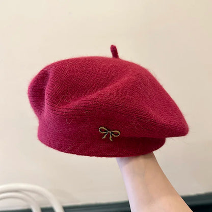 ‌Korean-Style Metal Bow Knitted Beret Women's Autumn/Winter