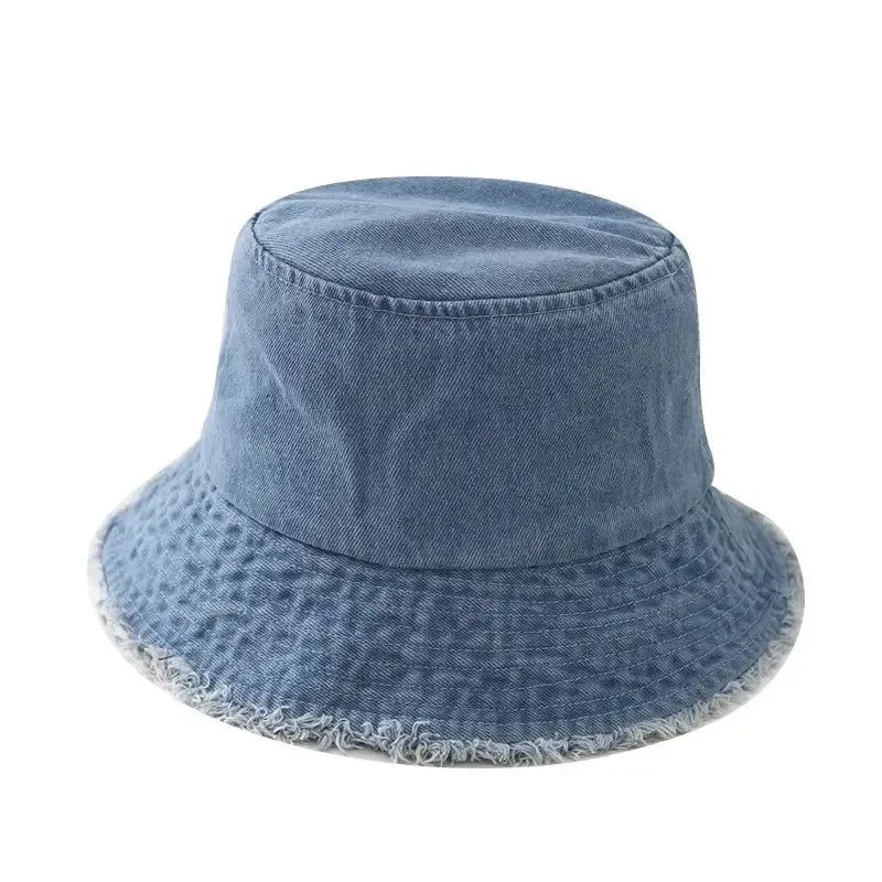 Durable Unisex Denim Bucket Hat - Frayed Brim Cotton Basin Foldable