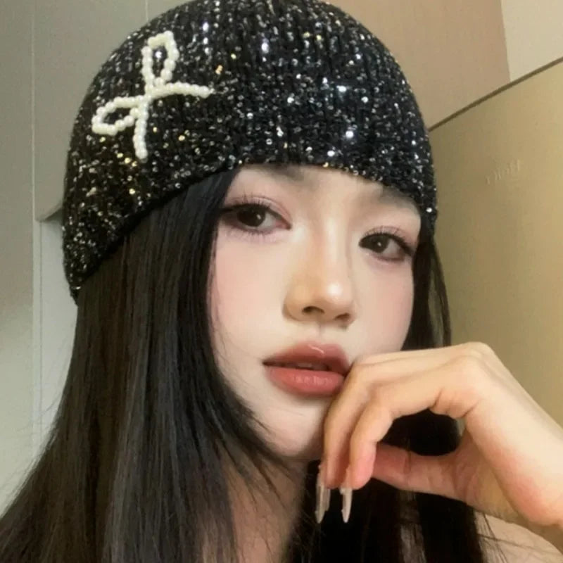 Sparkling Sequined Knitted Hat Girls Sequin Bowknot Cap Women Pearl Bow Dome Hats