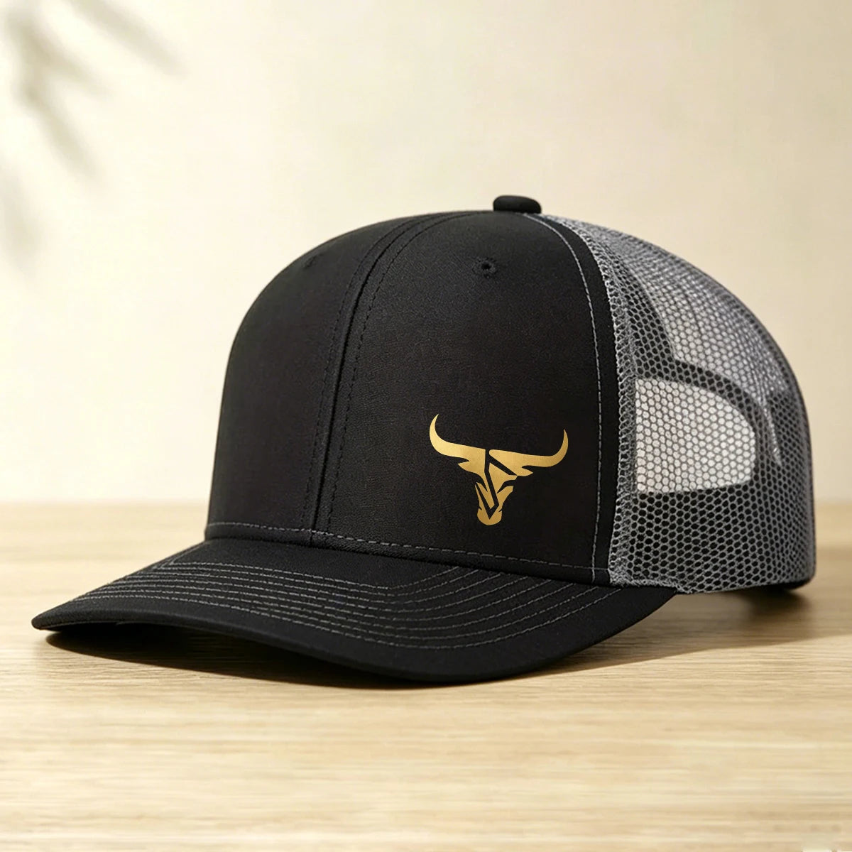 1 Gold Ox Head Print Truck Cap Breathable Mesh Back Baseball Cap Outdoor Snap Caps