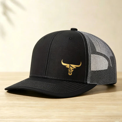 1 Gold Ox Head Print Truck Cap Breathable Mesh Back Baseball Cap Outdoor Snap Caps