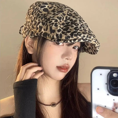 Fashion Retro Leopard Print Cap Baker Peaked Comfortable British Peaked Cap