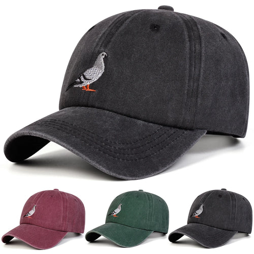 Unisex Pigeon Embroidery Washed Denim Baseball Caps