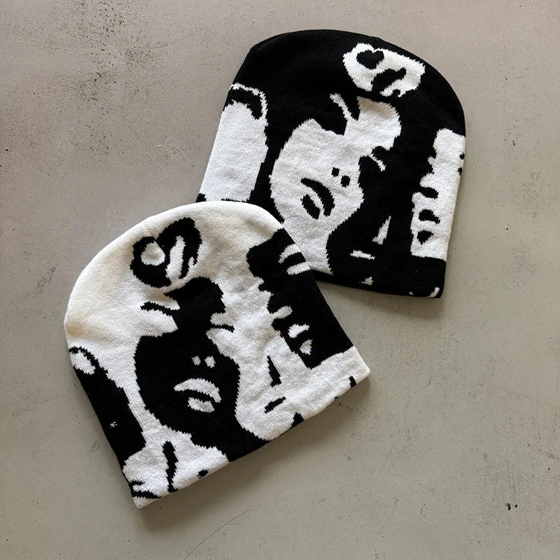 Face Pattern Intarsia Beanie Hats, Winter Casual Windproof Elastic Skull Cap