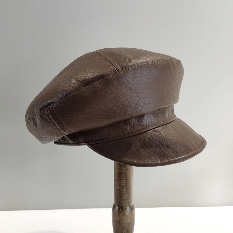 Vintage Pu Leather Octagonal Hat Women's Newsboy Cap Hundred With Outing Fall