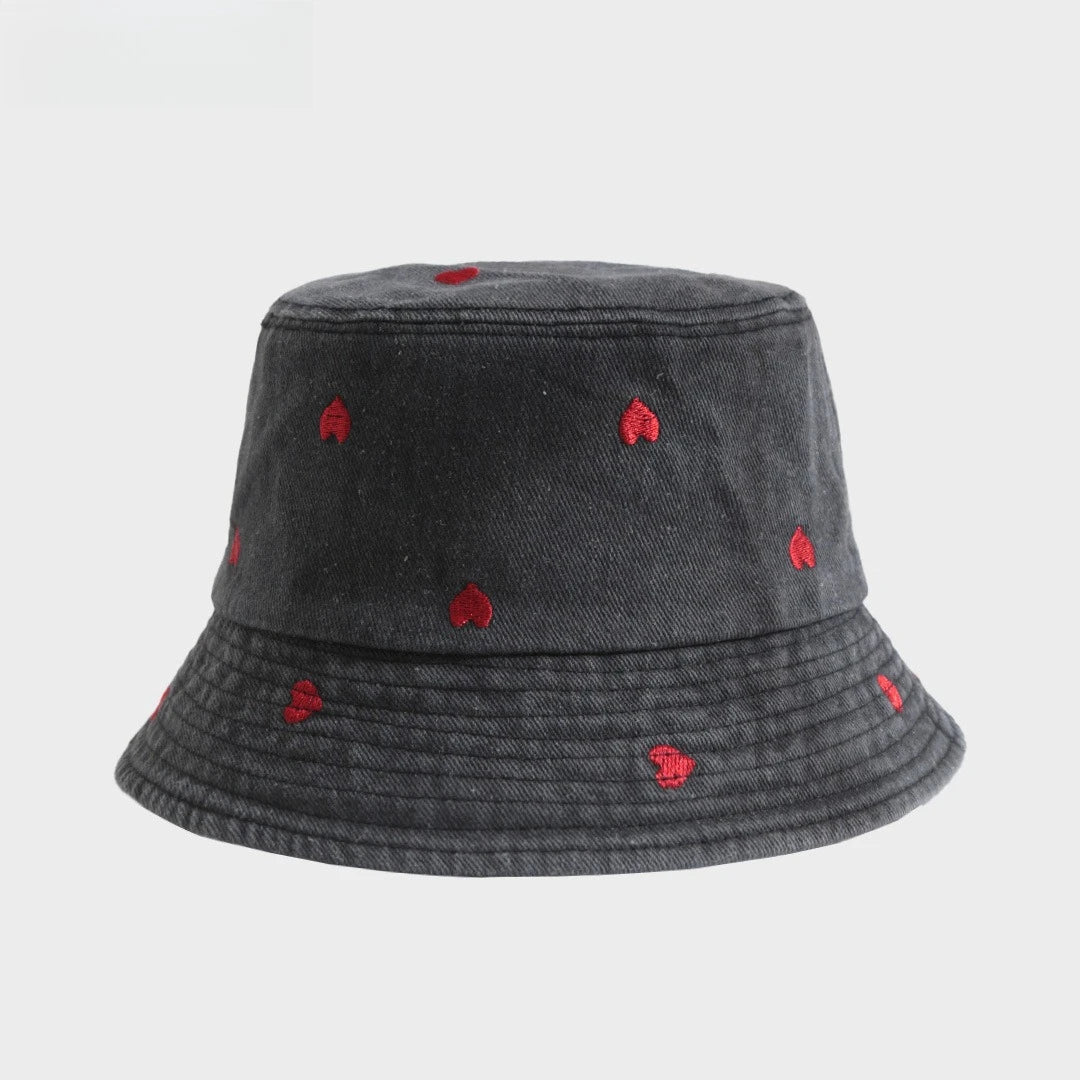 Summer Embroidery Cherry Washed Denim Bucket Hat For Women