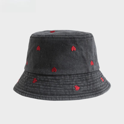 Summer Embroidery Cherry Washed Denim Bucket Hat For Women
