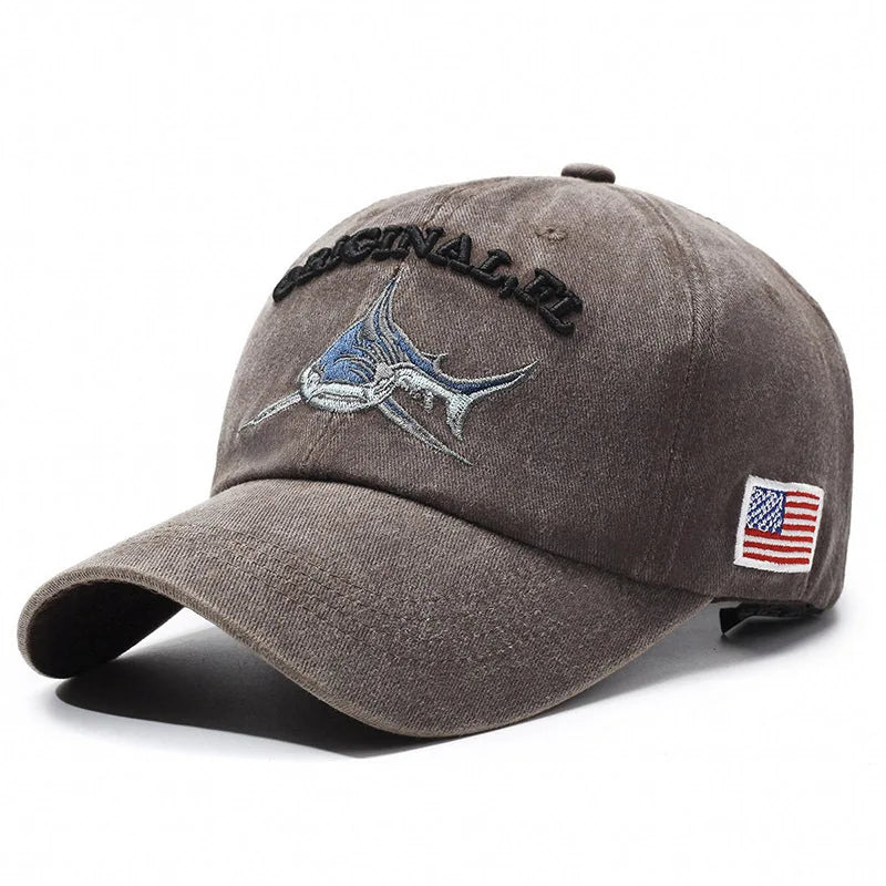 Embroidery Washed Cotton Shark Men Vintage Baseball Cap