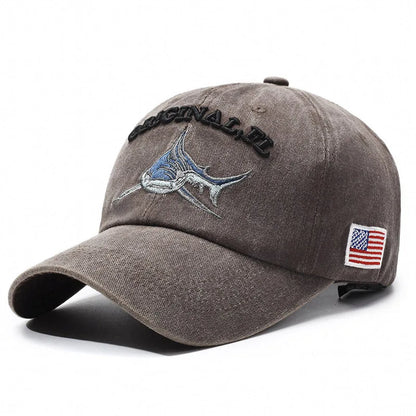 Embroidery Washed Cotton Shark Men Vintage Baseball Cap