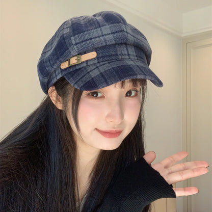 Autumn Octagonal Hats Women Retro Checked Octagonist Painter Hat