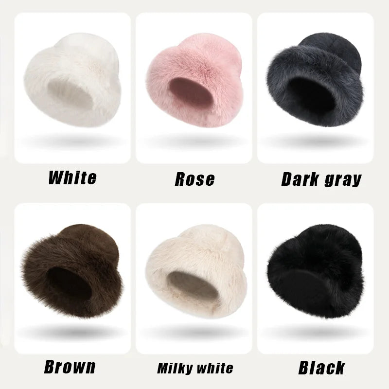 Solid Color Bucket Hat Thick Coldproof Faux Fur Basin Hats Soft Plush Fisherman Cap