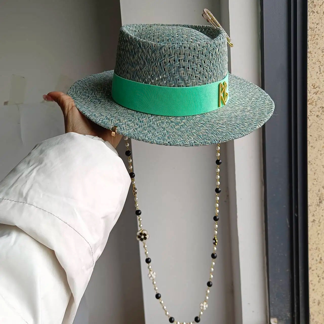Chain Summer Straw Hat Pork Pie Hat