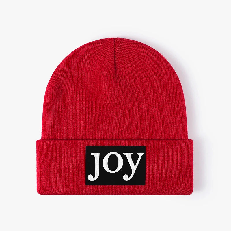 Joy Letter Patch Black Knitted Beanie Unisex Cuffed Winter Hat