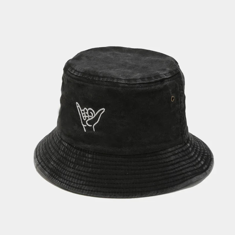 Four Seasons Cotton Cartoon Gesture Embroidery Bucket Hat