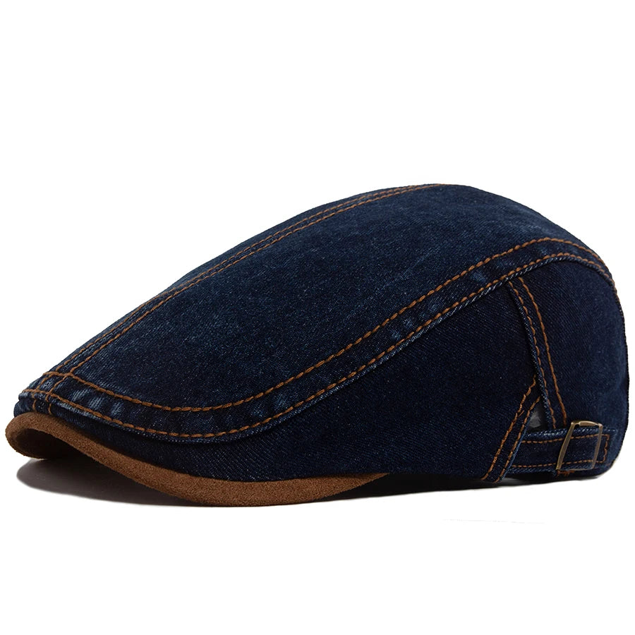 New Patchwork Brown Brim Denim Flat Hat Retro Men And Women