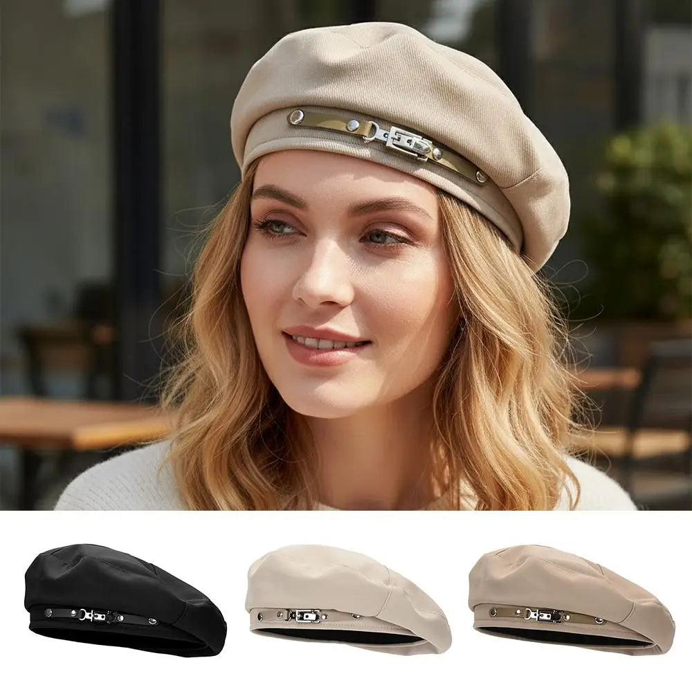 Retro Metal Buckle Retro Beret Cap Solid Color Warm Women Beret