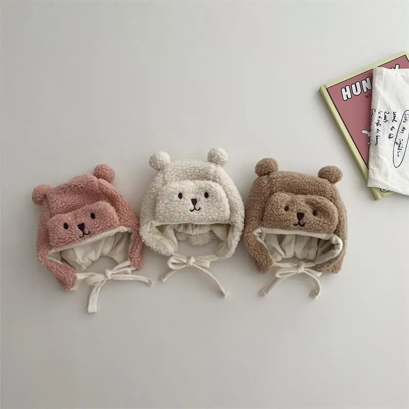 Cartoon Bear Plush Baby Hat Winter Polar Fleece Beanie Cap For Kids