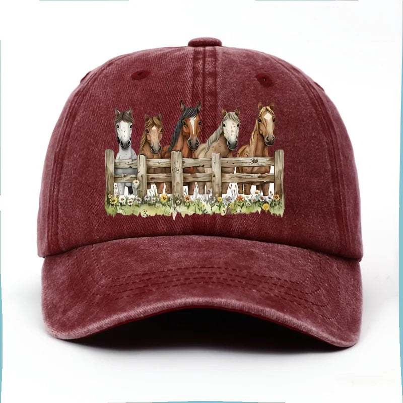Horse Print Baseball Cap Unisex Cotton Adjustable Equestrian Style Outdoor Sports Hat