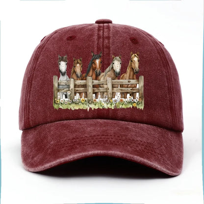 Horse Print Baseball Cap Unisex Cotton Adjustable Equestrian Style Outdoor Sports Hat