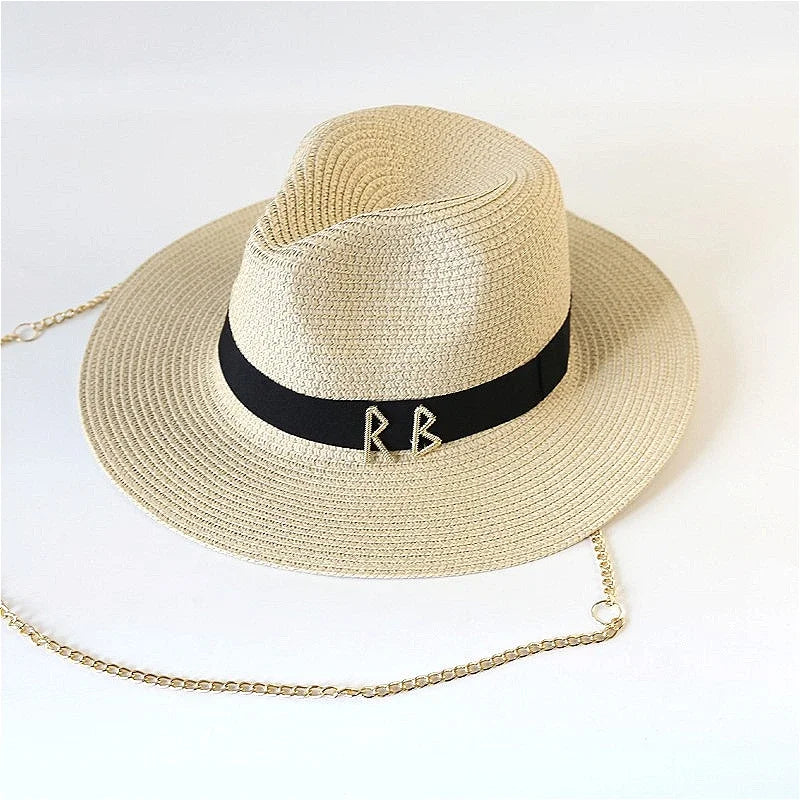 Fashionable Metal RB Letter Straw Sun Hats