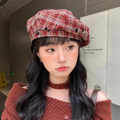 Hot Sale Retro Contrasting Color Plaid Berets For Women