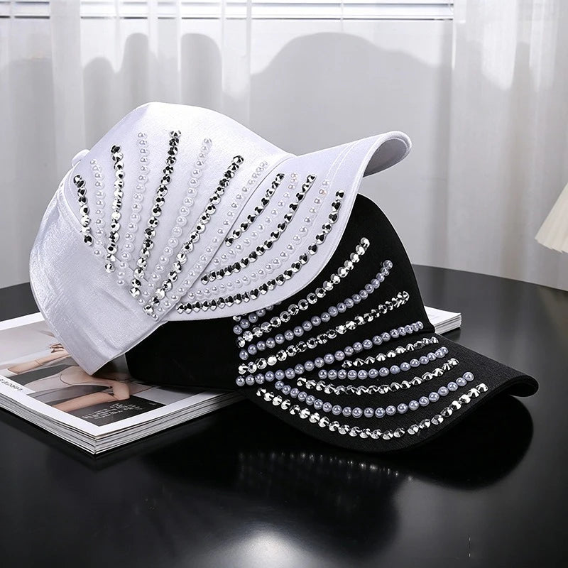 Satin Imitation Pearl Rhinestone Breathable Baseball Cap