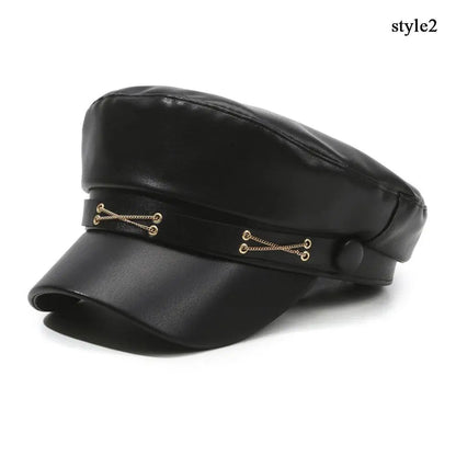 Fashion Women Berets Black Pu Leather Flat Top Newsboy Caps