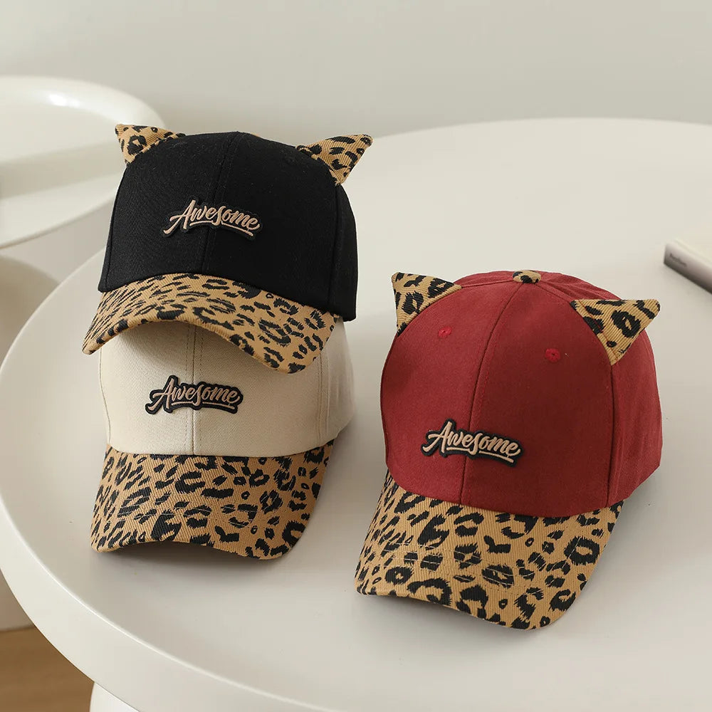 3-6Y Autumn Korean Kids Hat Cute Cat Ears Leopard Print Baseball Cap