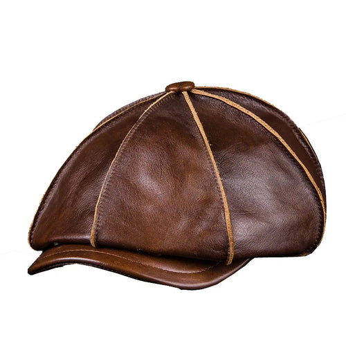 Men's Genuine Leather Warm Octagonal Cap Elegant Adjustable Newsboy Beret