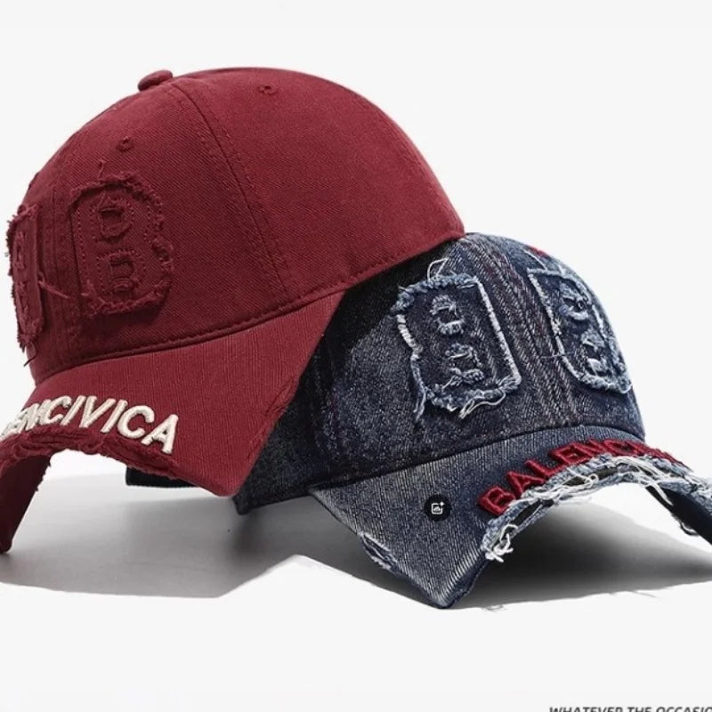 Fashion Denim Baseball Cap Women Men Hats Vintage Distressed Letters Embroidered