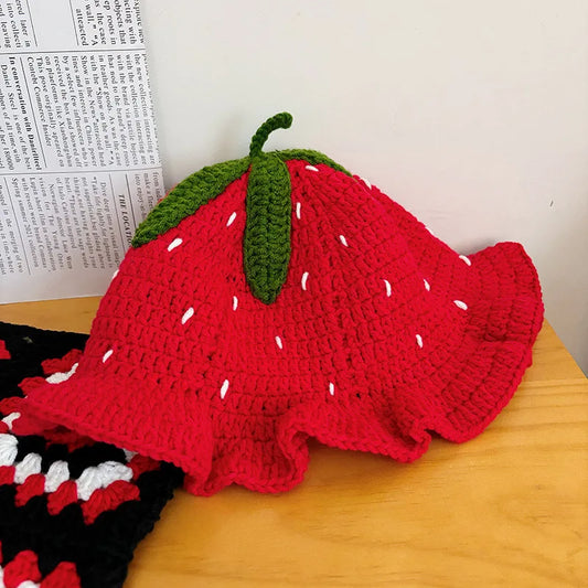 Snow Cap Men Women Strawberry Crochet Hat Handmade Floral Portable Knitted