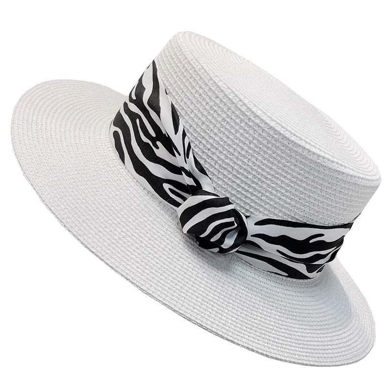 Women Summer French Retro Zebra Print Flat Top Straw Hat Outdoor Vacation Beach