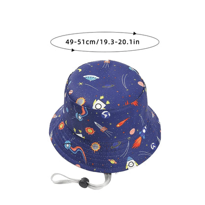 Kids Summer Sun Protection Cap Spaceship Planet Print Bucket Hat