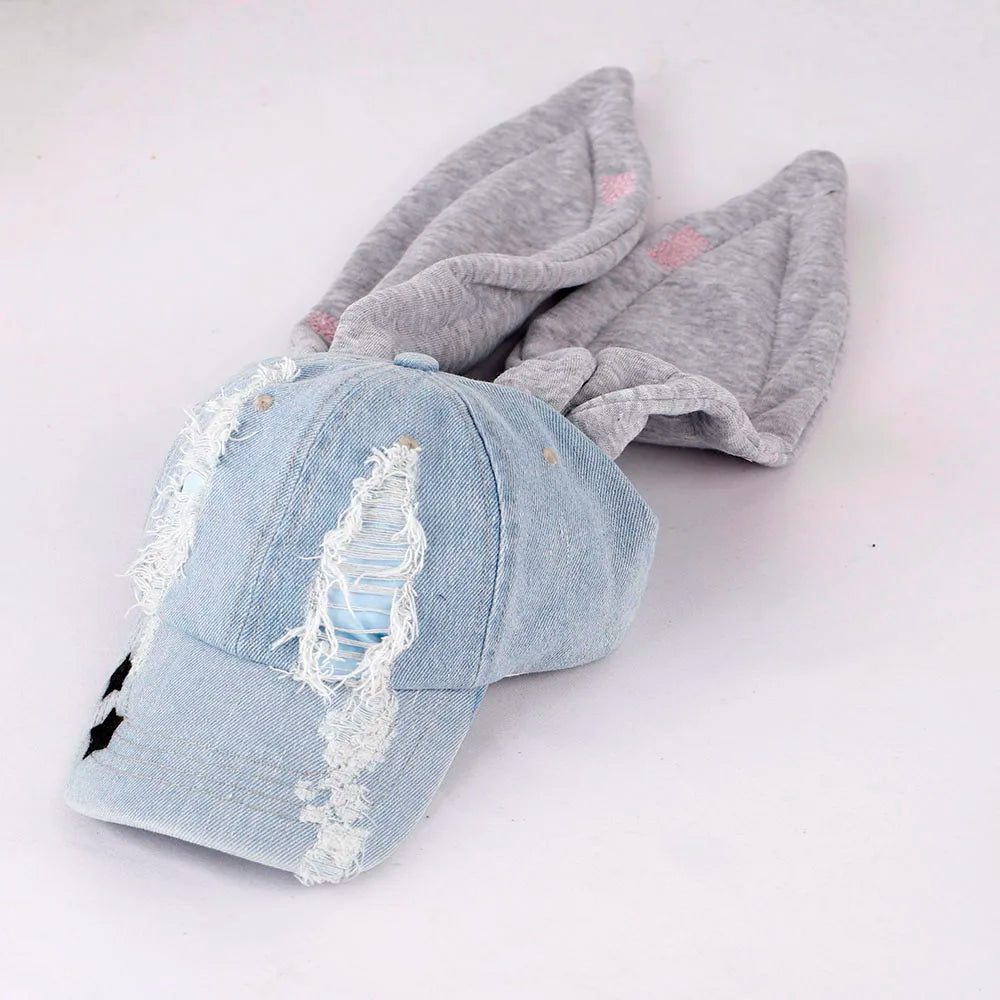 New MinJi Haerin Omg Stage Long Rabbit Ear Hat Y2k Style Denim Blue Baseball Cap
