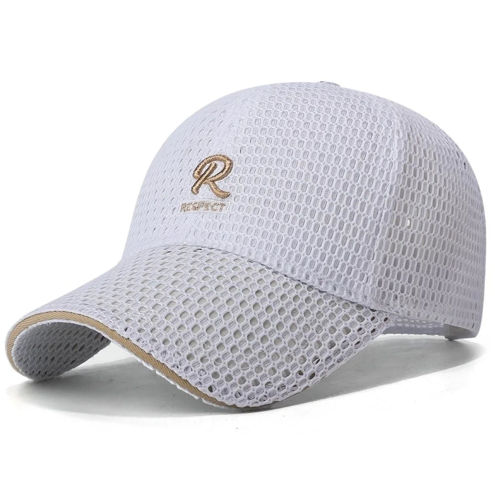 R Letter Embroidery Full Mesh Baseball Cap