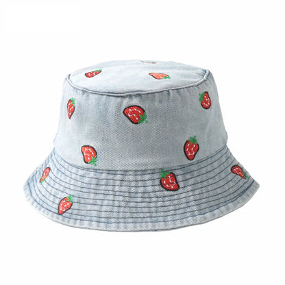 New Summer Denim Bucket Hat For Women Embroidery Watermelon Cherry Strawberry