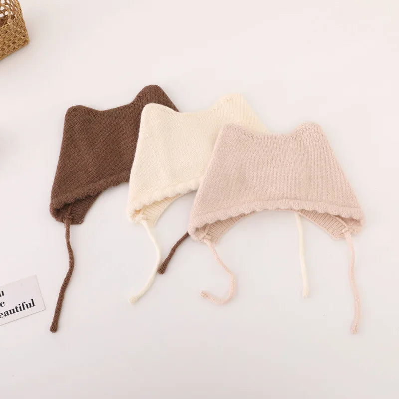 Autumn Winter Solid Color Knitted Warm Earmuffs Beanie Toddler Outdoor Windproof Cap