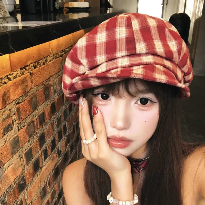 Korean Retro Contrasting Color Plaid Berets Cap Y2K