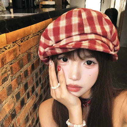 Korean Retro Contrasting Color Plaid Berets Cap Y2K