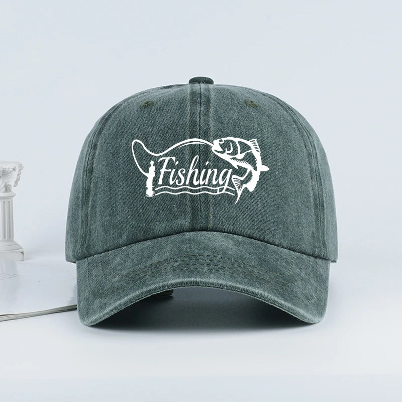 Classic Fishing Quote Print Washed Baseball Cap