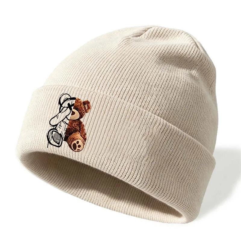 Cute Bear Embroidered Knitted Caps For Men And Women