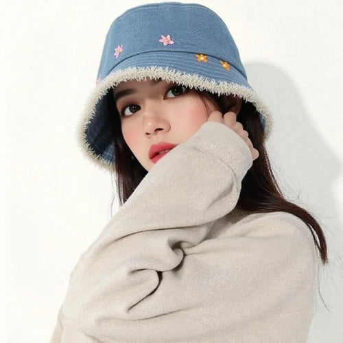 Sweet Floral Embroidered Denim Bucket Hat