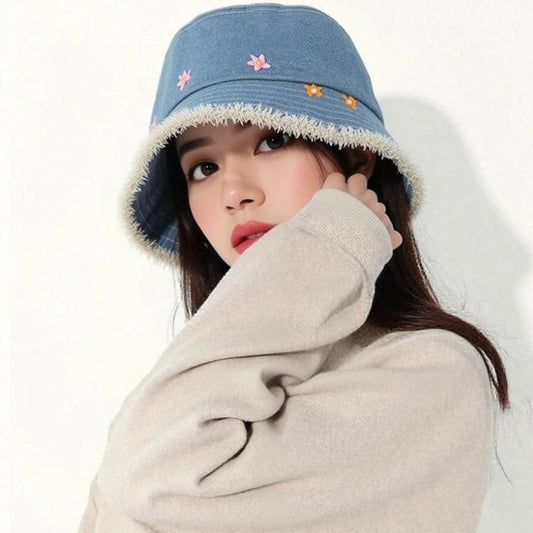 Sweet Floral Embroidered Denim Bucket Hat