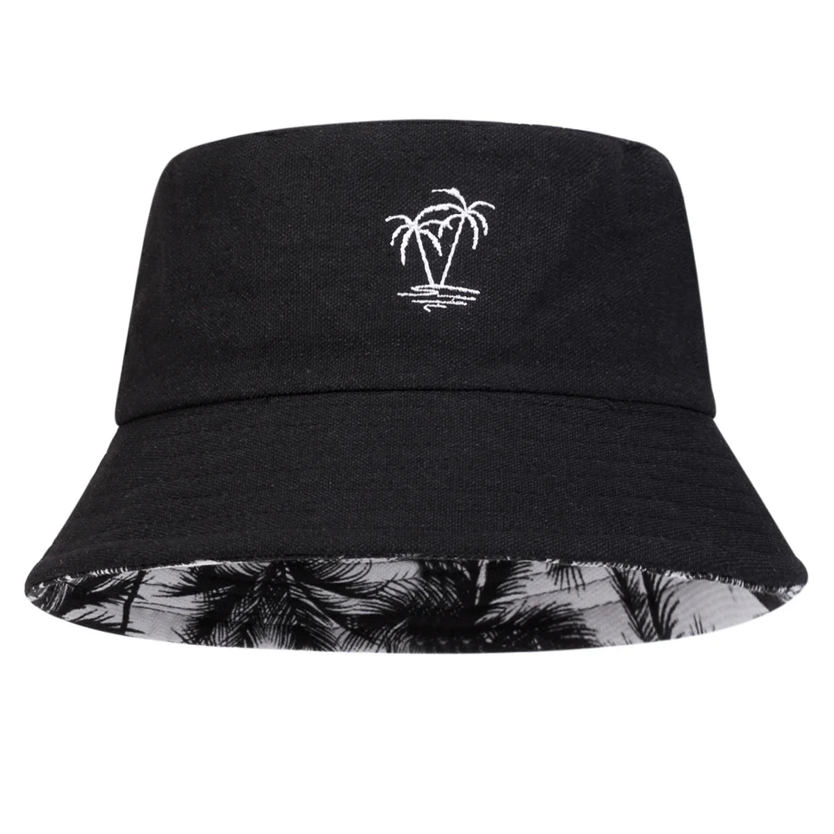 Unisex Coconut Tree Embroidery Double Sided Wearing Bucket Hats Fishermen Caps Outdoor Casual Cap Sunscreen Hat
