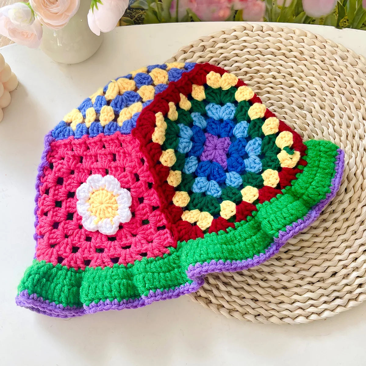 Women Muticolor Crochet Korean Handmade Bucket Hat Women Weaving Knitted Hat Y2k Fashion Flowers Autumn Cap