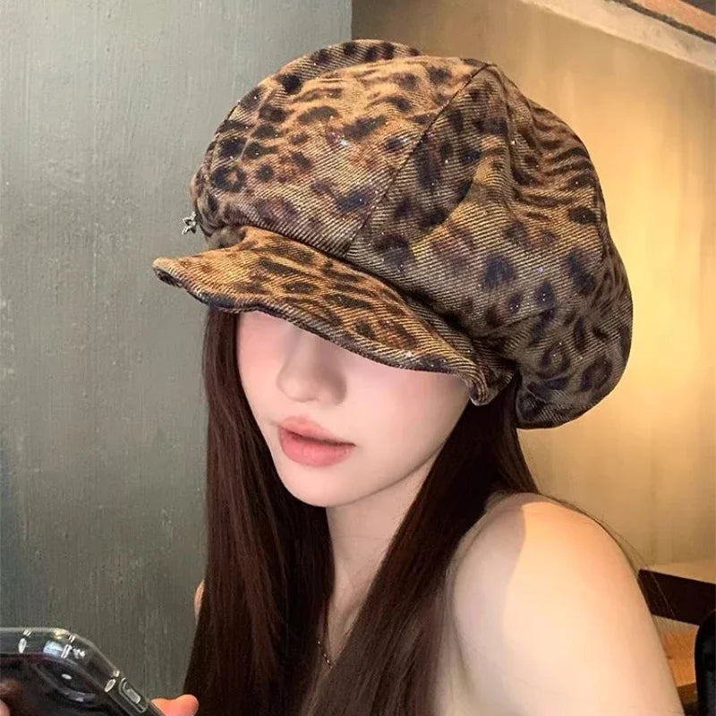 American Y2k Personalized Star Leopard Print Beret