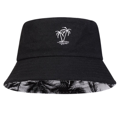 Unisex Coconut Tree Embroidery Double Sided Wearing Bucket Hats Fishermen Caps Outdoor Casual Cap Sunscreen Hat