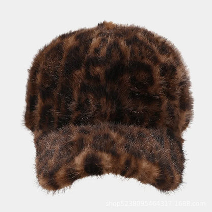 Faux Fur Leopard Print Baseball Cap Women Autumn Winter Warm Hat