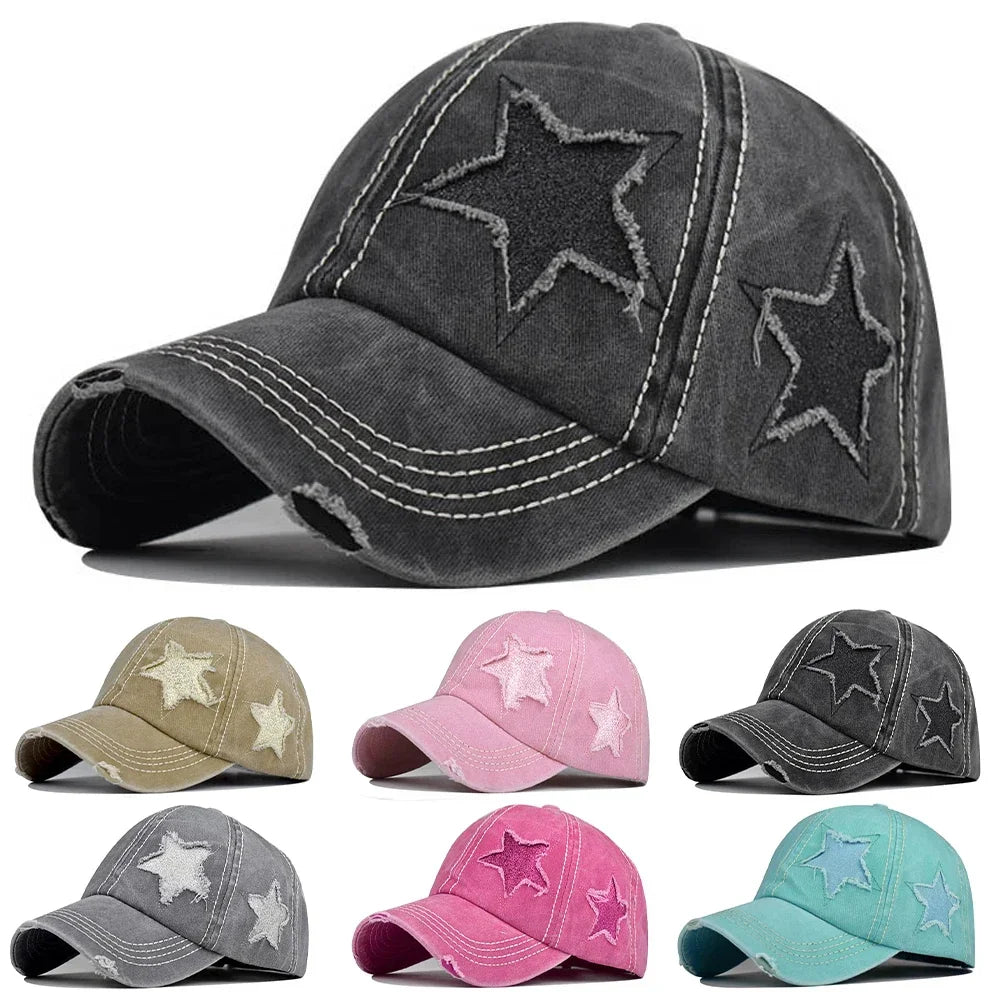 Retro Y2K Star Washed Denim Hole star Baseball cap Hats